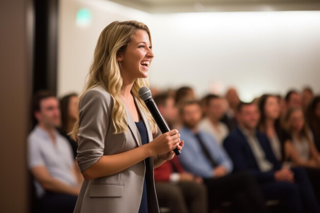 A woman delivering an inspiring speech at a corporate event