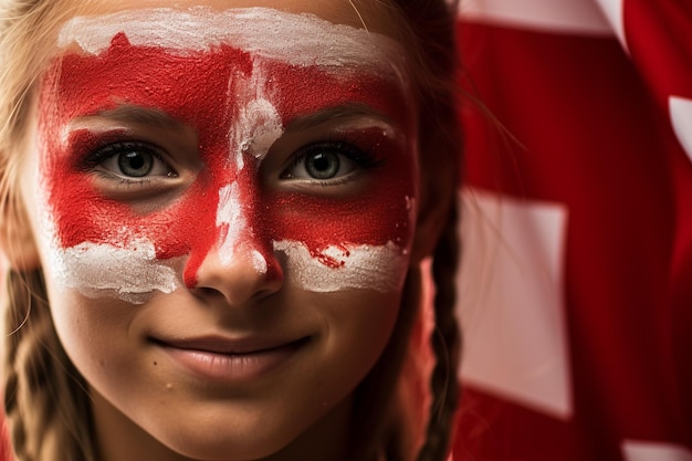 顔にデンマーク国旗の色を塗って献身的な姿勢を示す女性
