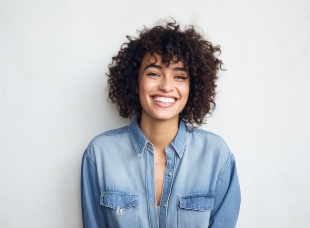 Woman in denim dress isolated