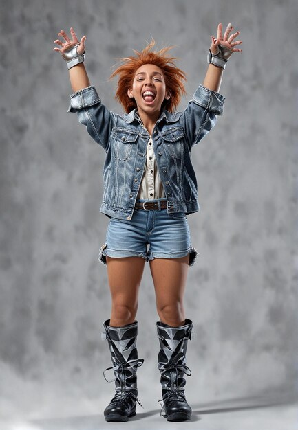 Photo a woman in a denim jacket and shorts is jumping