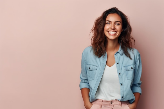 A woman in a denim jacket smiles against a pink background.