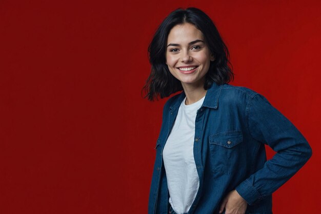 a woman in a denim jacket stands in front of a red background