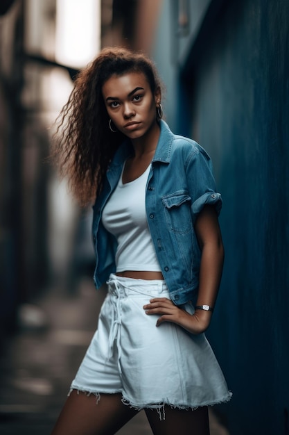 A woman in a denim jacket and white shorts stands in a alley.