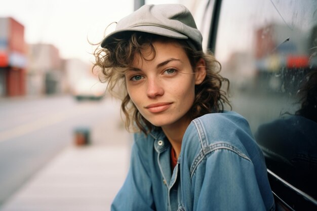 Foto una donna con una camicia di jeans e un berretto seduta sul ciglio della strada