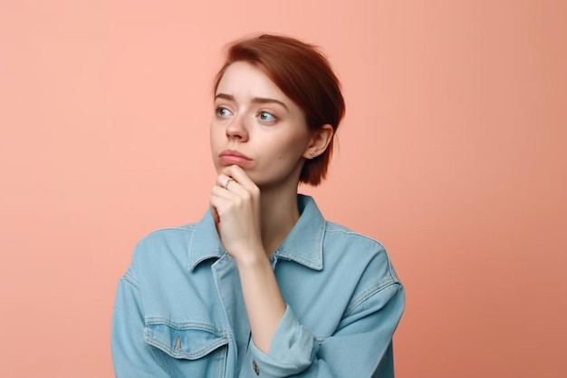 A woman in a denim shirt stands in front of a pink background