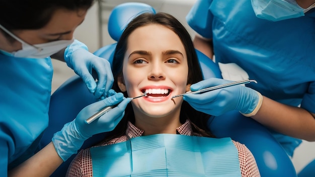 치과 의자 에 앉은 여자 여자 가 입 을 고 치과 의사 들 이 여자 여자 의 치아 를 치료 한다