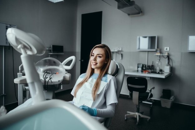 A woman in a dental clinic Created with generative AI technology