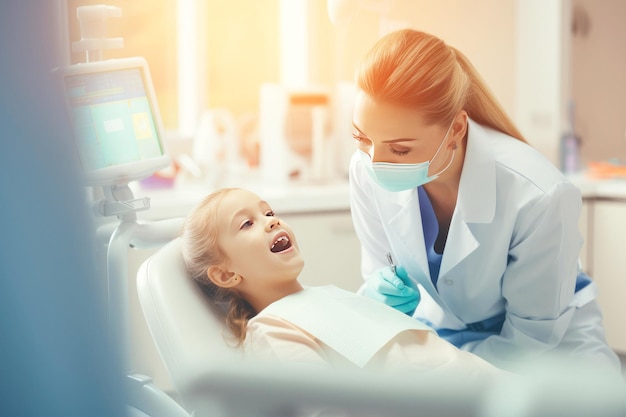 A woman dentist examines the teeth of a child girl The concept of pediatric dentistry