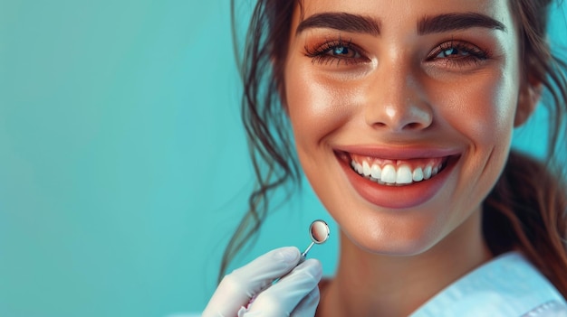 A woman dentist is smiling while holding a toothbrush in her hand against a blue background