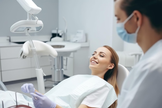 美しい歯を持つ歯科医の椅子に座った女性が診療所の歯科医と一緒に微笑んでいます