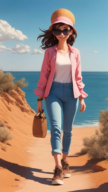 Woman in desert landscape with sunglasses and hat