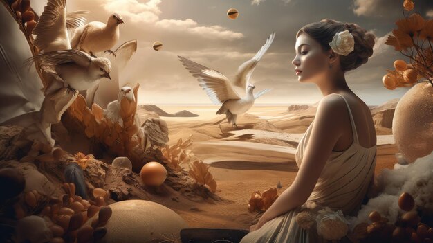 A woman in a desert with birds and a bird on the background