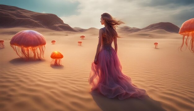 Photo a woman in a desert with a long flowing dress and long hair