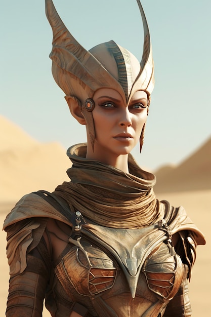 A woman in a desert with a mask on her head and a mask on her head.