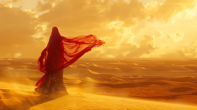 a woman in a desert with a red scarf on her head