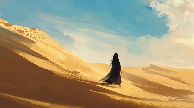 a woman in the desert with the sky in the background