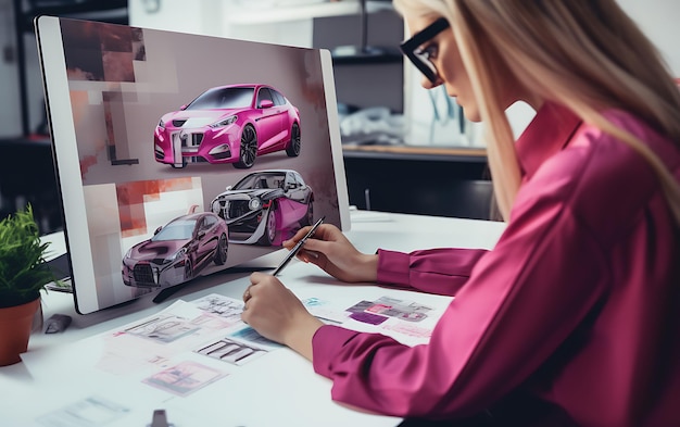 Foto tiraggio della mano dell'automobile del progettista della donna a bordo