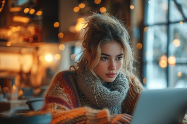 Woman at desk looking at laptop computer for work urban downsizing image