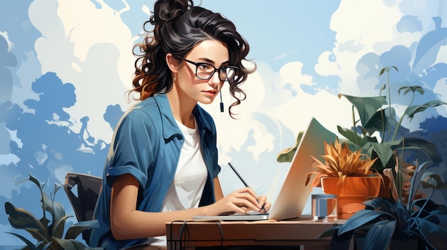 Женщина за столом в офисе простой минимальный дизайн генеративный ай