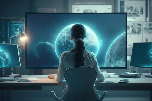 Woman in a desk office using a computer image generative AI