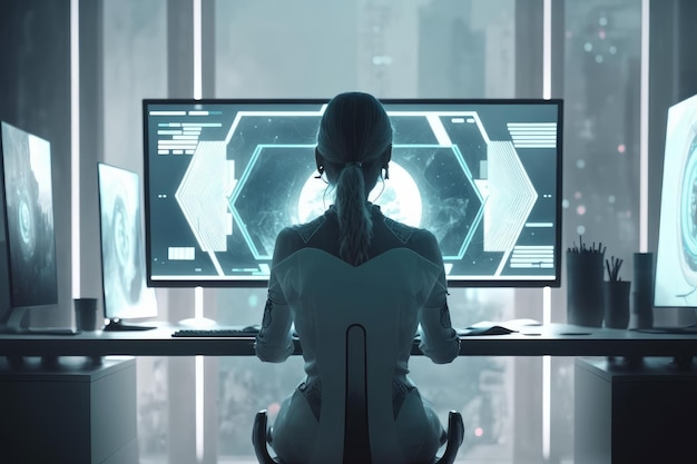 Woman in a desk office using a computer new technology generative AI