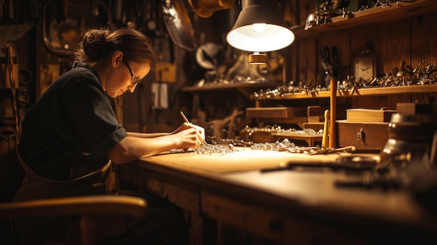 Woman at desk in workshop building sharing art having fun aig