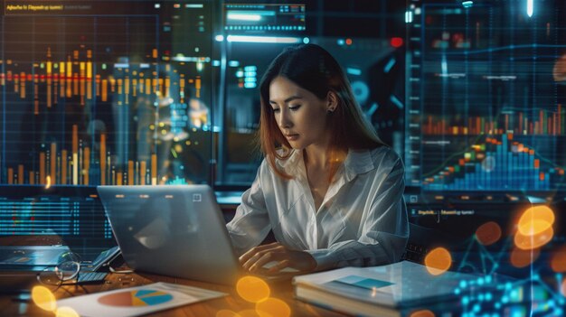 Woman at Desk Writing Documents on Laptop