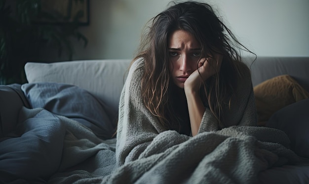 Woman in despair shrouded in a blanket sitting on a couch amidst a somber atmosphere AI generative