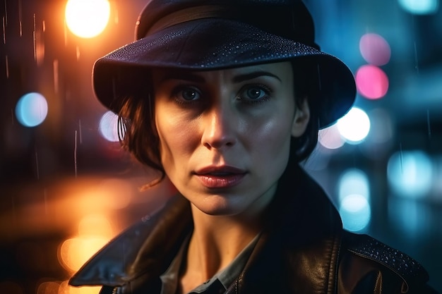 Woman detective in hat and coat on night street in rain Generative AI