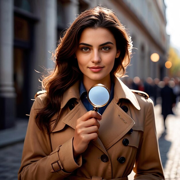 woman detective in trench coat with magnifying glass smiling