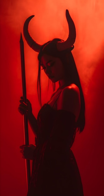 A woman in a devil costume holds a sword in front of a red background.