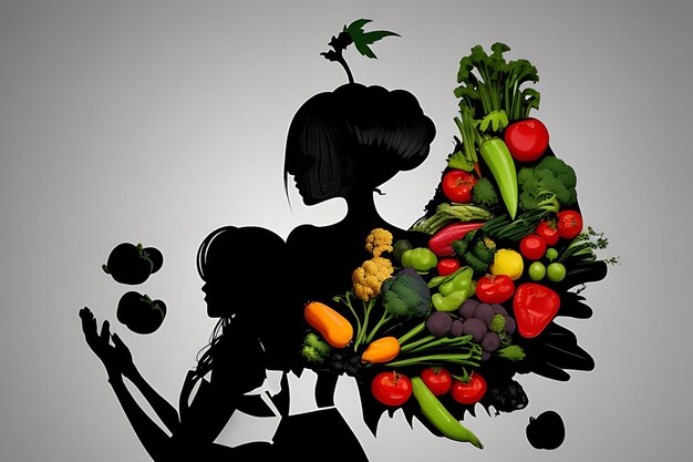 Foto concept di dieta femminile silhouette di donna e verdure concept di stile di vita sano