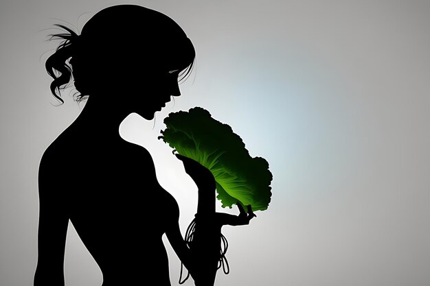 女性のダイエットコンセプト 女性と野菜のシルエット 健康的なライフスタイルコンセプト