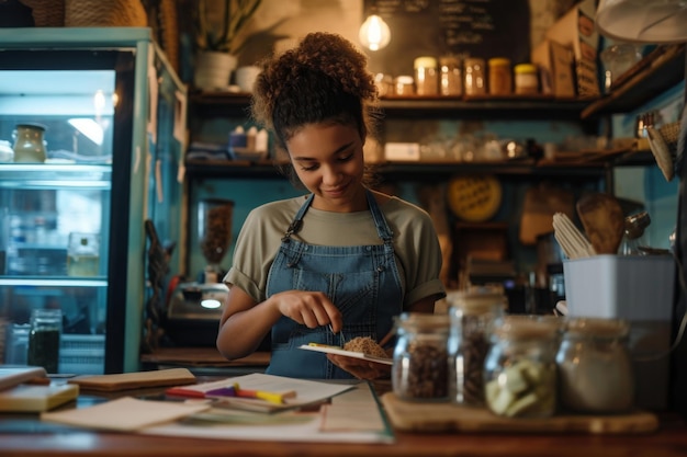 A woman diligently prepares food in a kitchen focusing on the various ingredients and cooking utensils A young woman starting a small business after securing a loan AI Generated