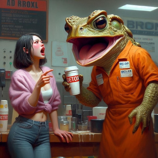 a woman and a dinosaur are standing in front of a sign that says stop on it