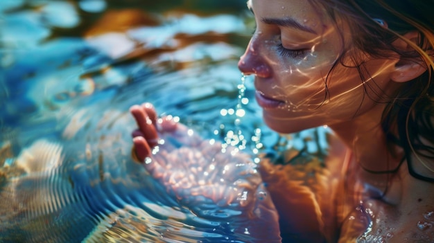 Foto una donna immerge la mano in una fresca sorgente naturale e porta l'acqua alle labbra