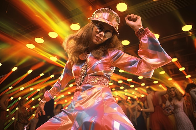 A woman in a disco costume dancing at a party