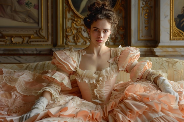 나폴레옹 시대 의 드레스 를 입은 탁월 한 여자 가 조명 된 넓은 방 에서 중앙 에 앉아 있다