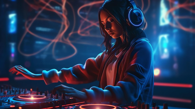 A woman dj wearing headphones plays music in front of a neon background
