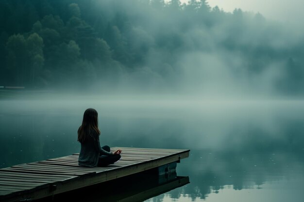 Женщина на причале у туманного озера в медитативном трансе