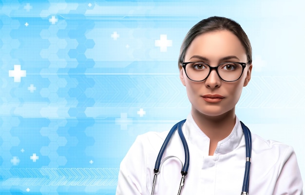 Woman doctor on blue and white futuristic background with medicine symbols