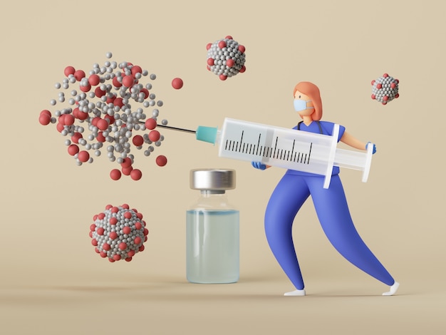 大きな注射器でワクチンを使用してコロナウイルスcovid19を破壊する女医漫画のキャラクター