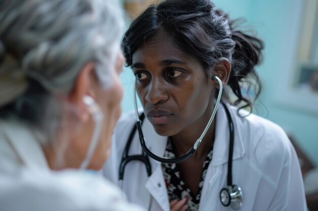 Photo a woman doctor checking her patient with stethoscope