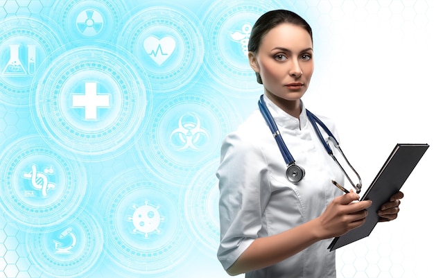 Woman doctor on cyan blue and white futuristic background with medicine symbols