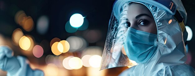 Photo woman doctor fighting virus pandemic in protective suit copy space with bokeh lights