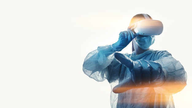 Woman doctor in a helmet of virtual reality with manipulators in hands on a white background the concept of conducting remote operations using modern VR technologies