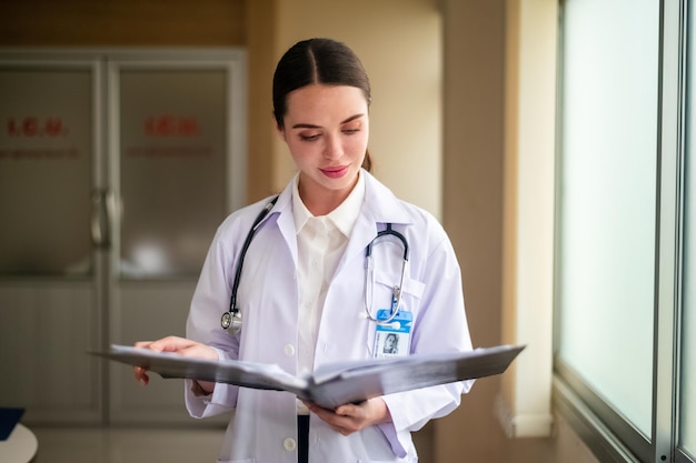 Woman doctor holding folder in hospital background medicine profession and healthcare concept happy smiling female doctor in white coat with folder and stethoscope over hospital background