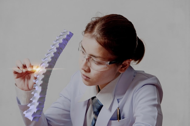 Woman doctor holding hand at human spine model spine analysis for planing of treatment and anatomy review