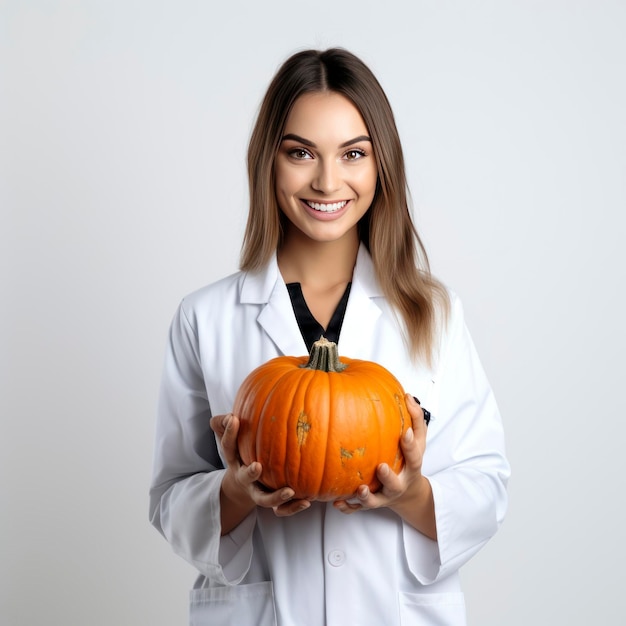 Woman doctor holding pumpkin in her hands