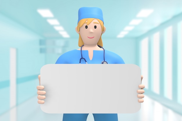 Woman doctor in the medical interior of the hospital holds an empty board copy space, template